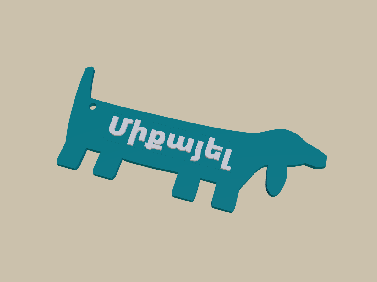 Միքայել sausage dog name tag, angle view